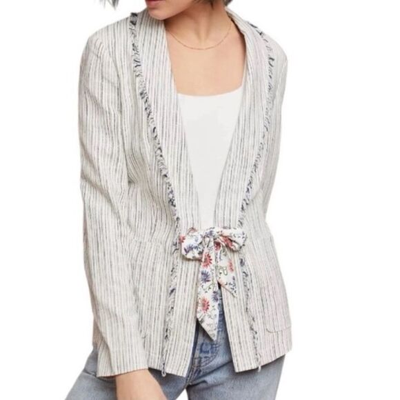 Anthropologie Cartonnier Coddington‎ Striped Fringed Linen Blend Blazer 0 - Picture 1 of 12
